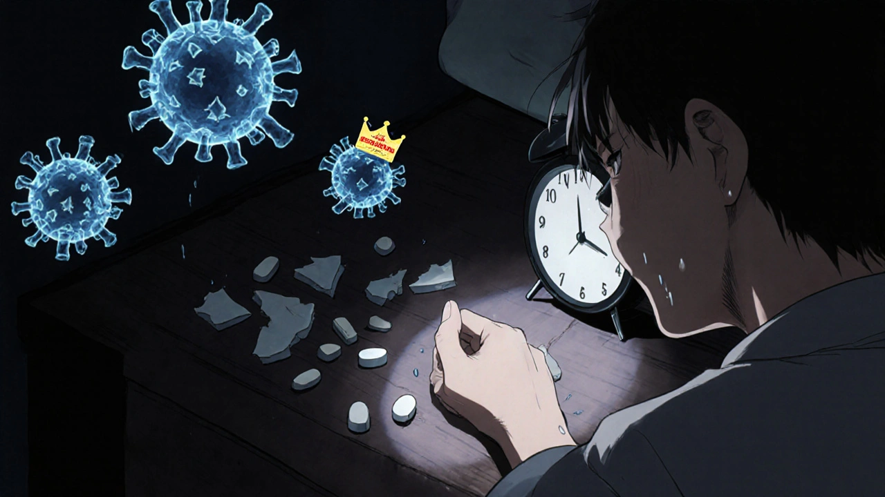 A person's hand next to missed HIV pills, with ghostly resistant viruses rising in the air.