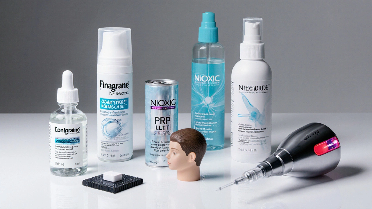Assortment of hair‑loss treatments displayed on a white surface.
