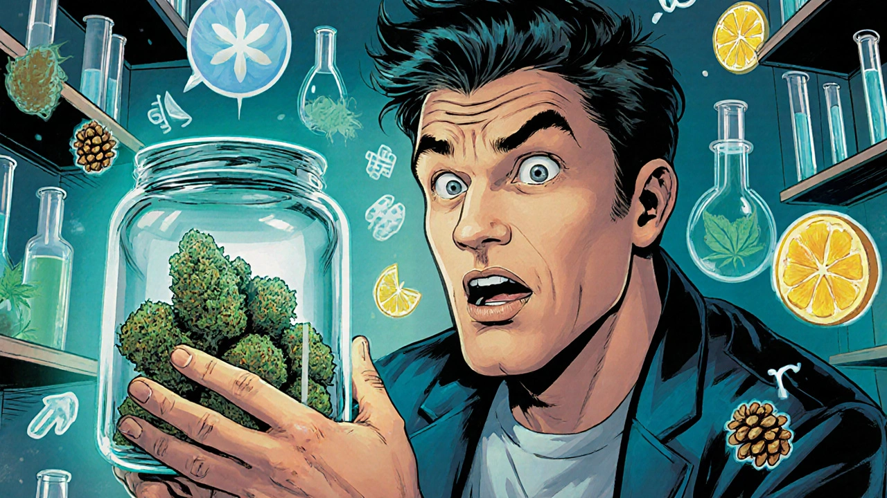 Beginner examining a glowing cannabis jar in a stylized dispensary, with floating terpene symbols and lab equipment.