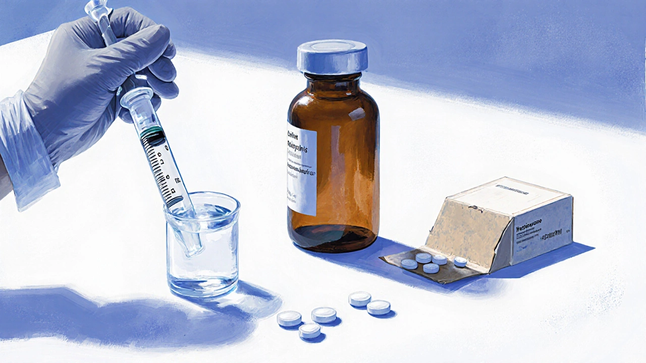 Clinical desk showing a neostigmine syringe, amifampridine bottle, and prednisone tablets.