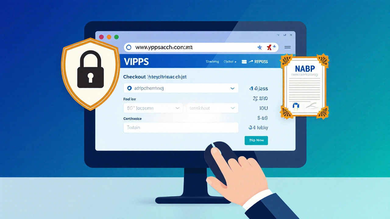 Computer screen showing secure URL and badge icons for pharmacy verification.