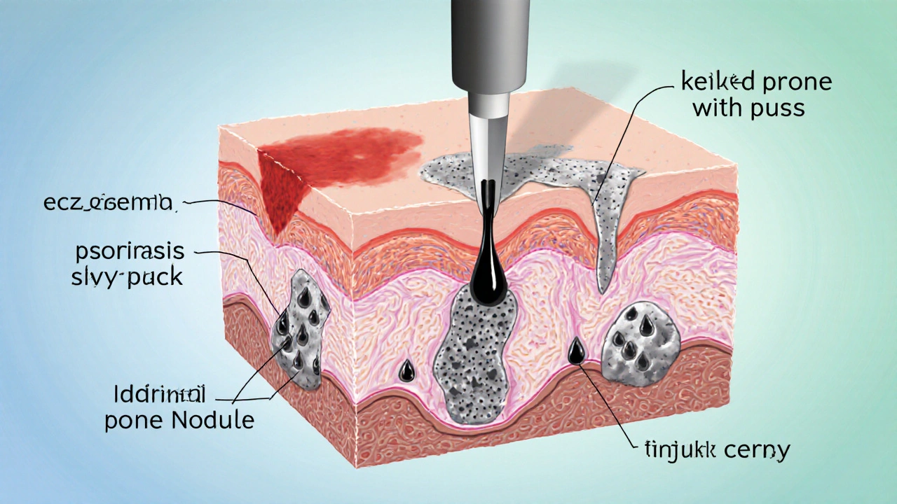Cross‑section of skin illustrating how eczema, psoriasis, acne, keloids, and ink allergy affect tattoo ink.