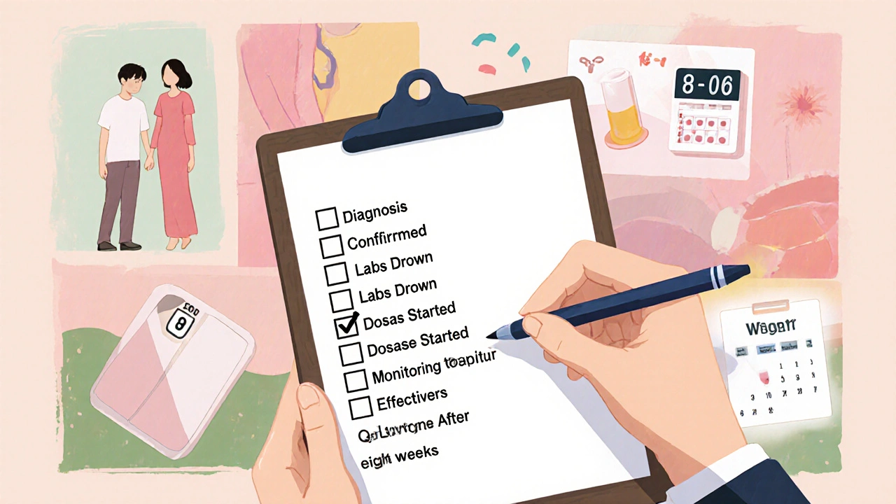 Doctor&#039;s clipboard checklist with background of couple, scale, blood test, and calendar.