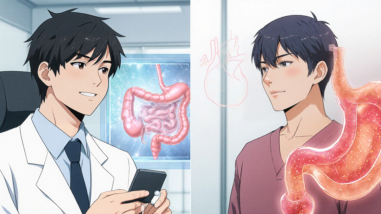Doctor's office split panel showing Cobix protecting stomach and ibuprofen with inflamed stomach and heart risk.