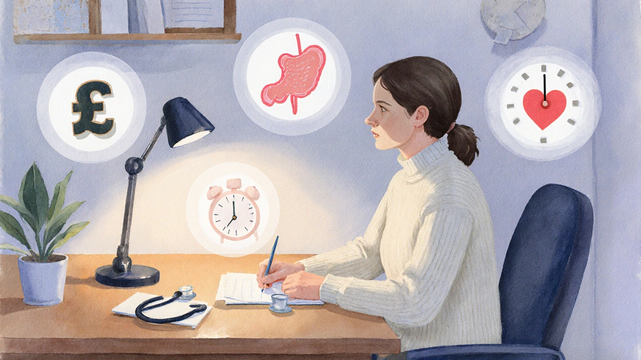 Doctor and patient discussing treatment with floating icons for cost, side effects, and timing.