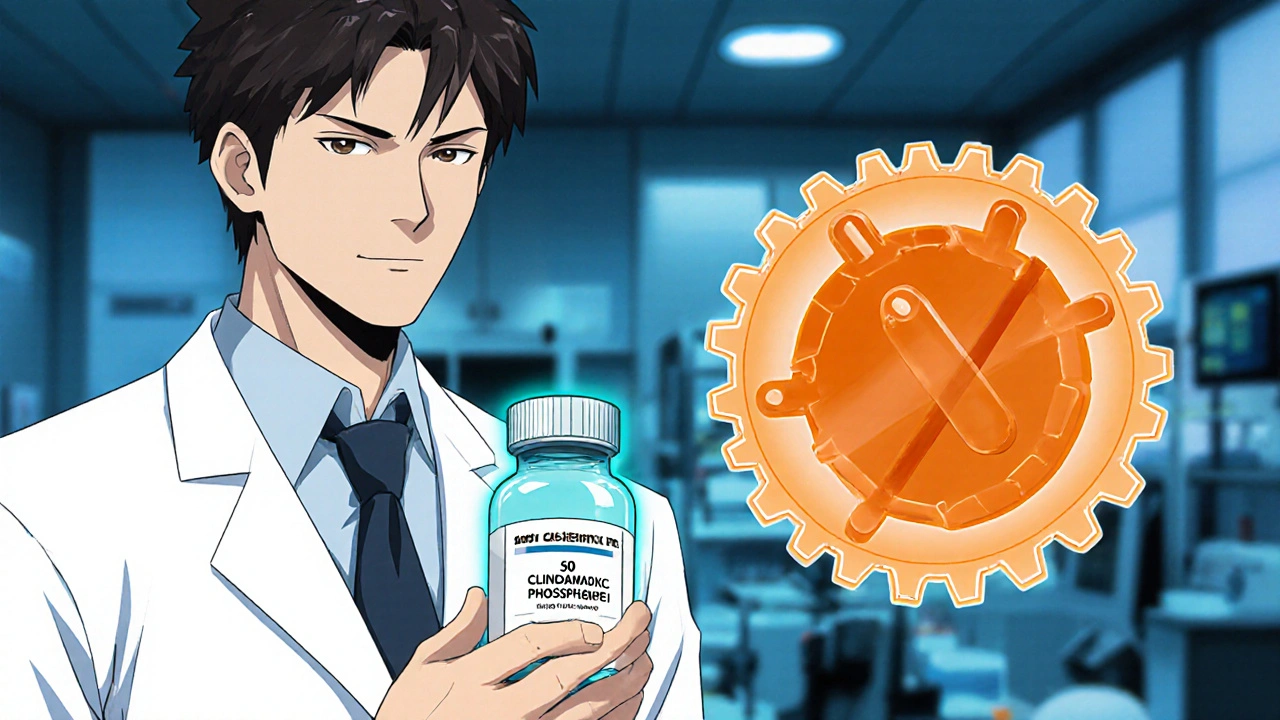 Doctor holding clindamycin vial with drug molecule blocking a bacterial ribosome.
