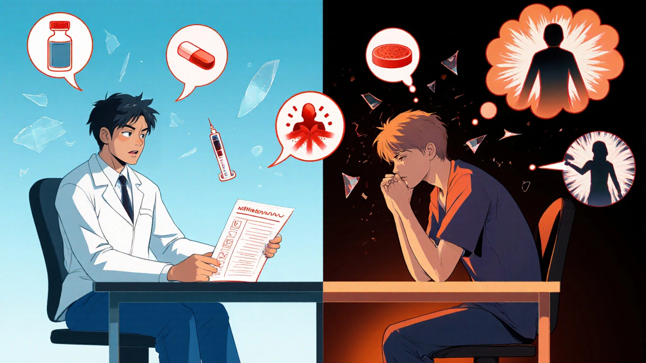 Doctor reviews chart as patient shows delusional thoughts with drug icons.