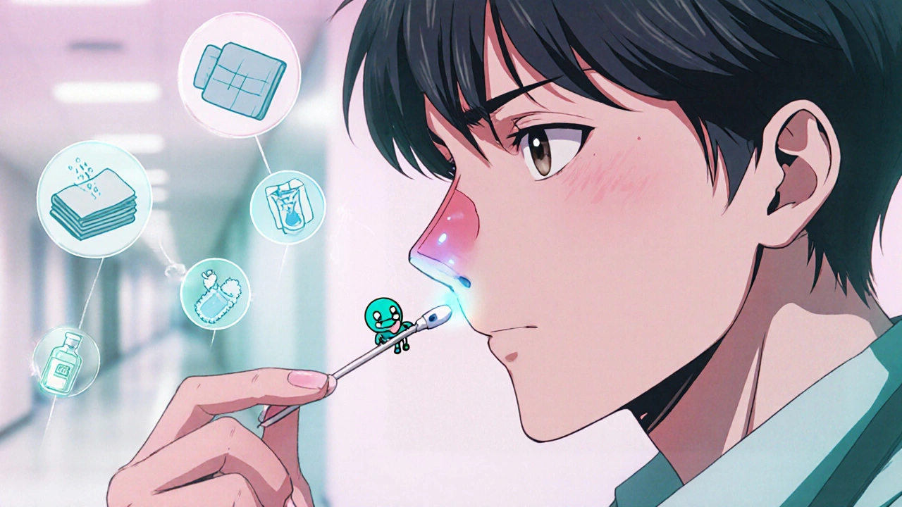 Doctor using nasal swab to eliminate MRSA bacteria with mupirocin hero inside nostril.