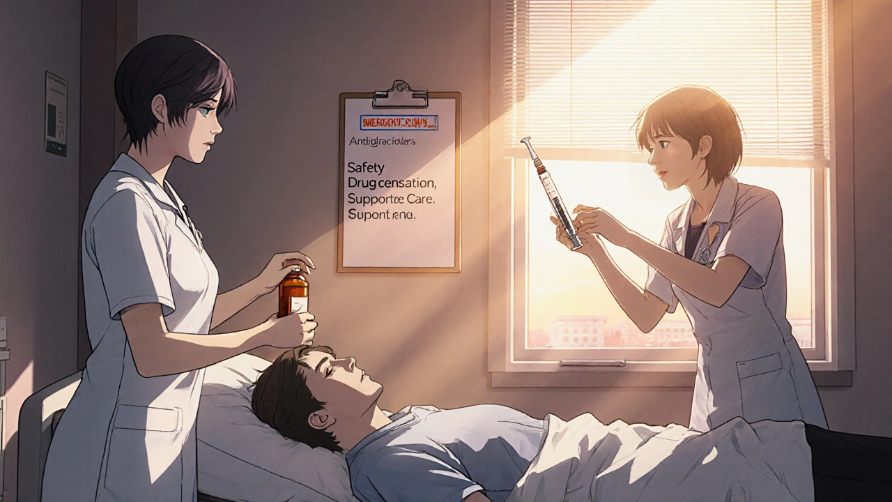 Emergency team helps patient, removes medication, and administers antipsychotic.