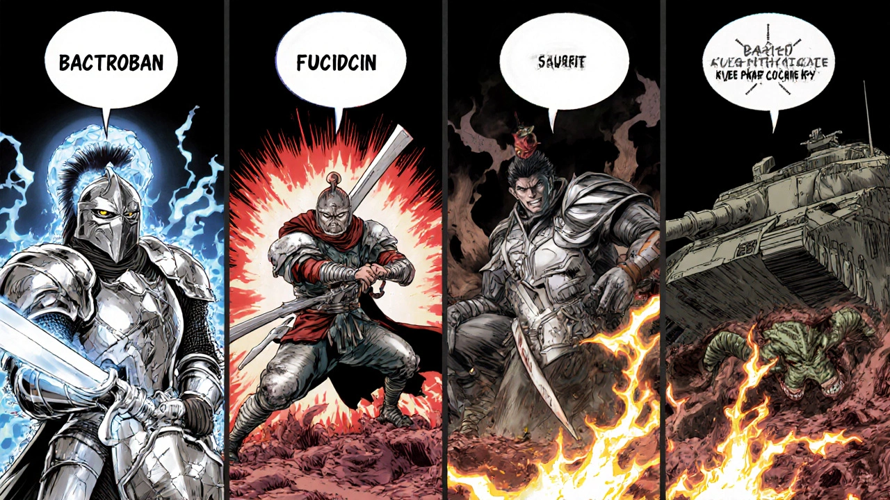 Four topical treatments depicted as warriors battling bacterial monsters in a wound landscape.