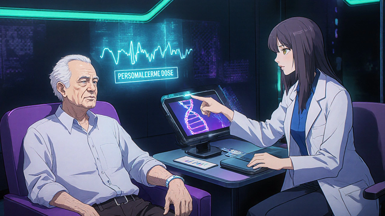 Futuristic clinic with AI hologram, DNA test, and personalized dosing for an older patient.