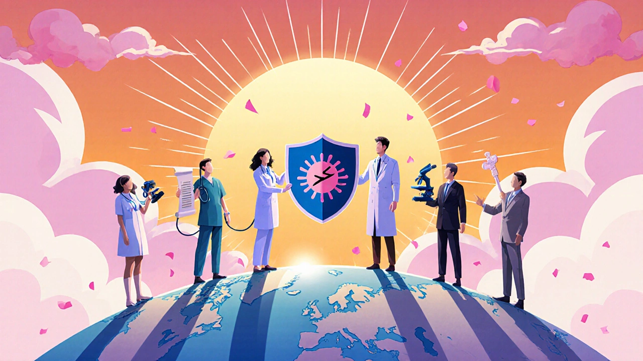 Group of medical professionals on a globe holding a shield against resistant bacteria, sunrise background.