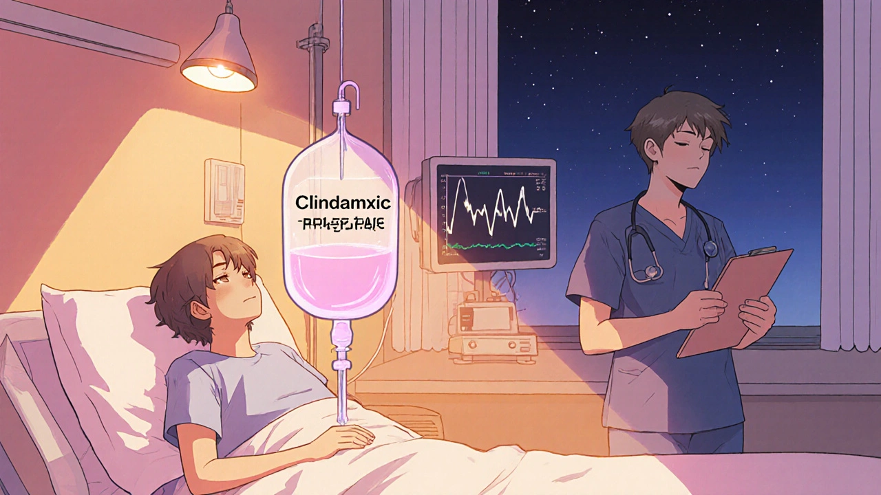 Hospital bedside with IV clindamycin drip, doctor, and patient under warm lighting.