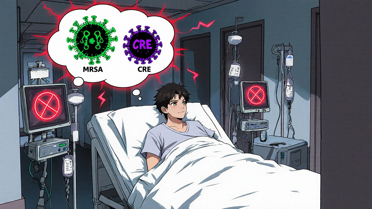 Hospital patient surrounded by IVs, thinking about dangerous resistant microbes.