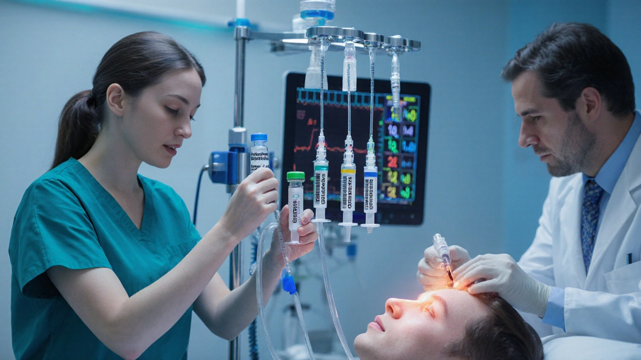 ICU bedside with monitor, IV lines, and staff managing SAH medications.