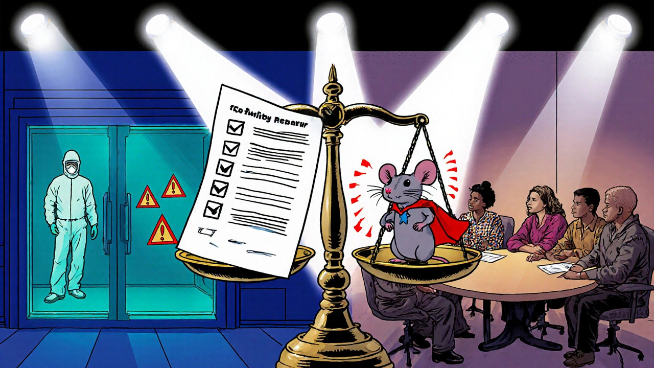 Justice scales balance consent forms and a mouse, with biosafety chamber and community board nearby.