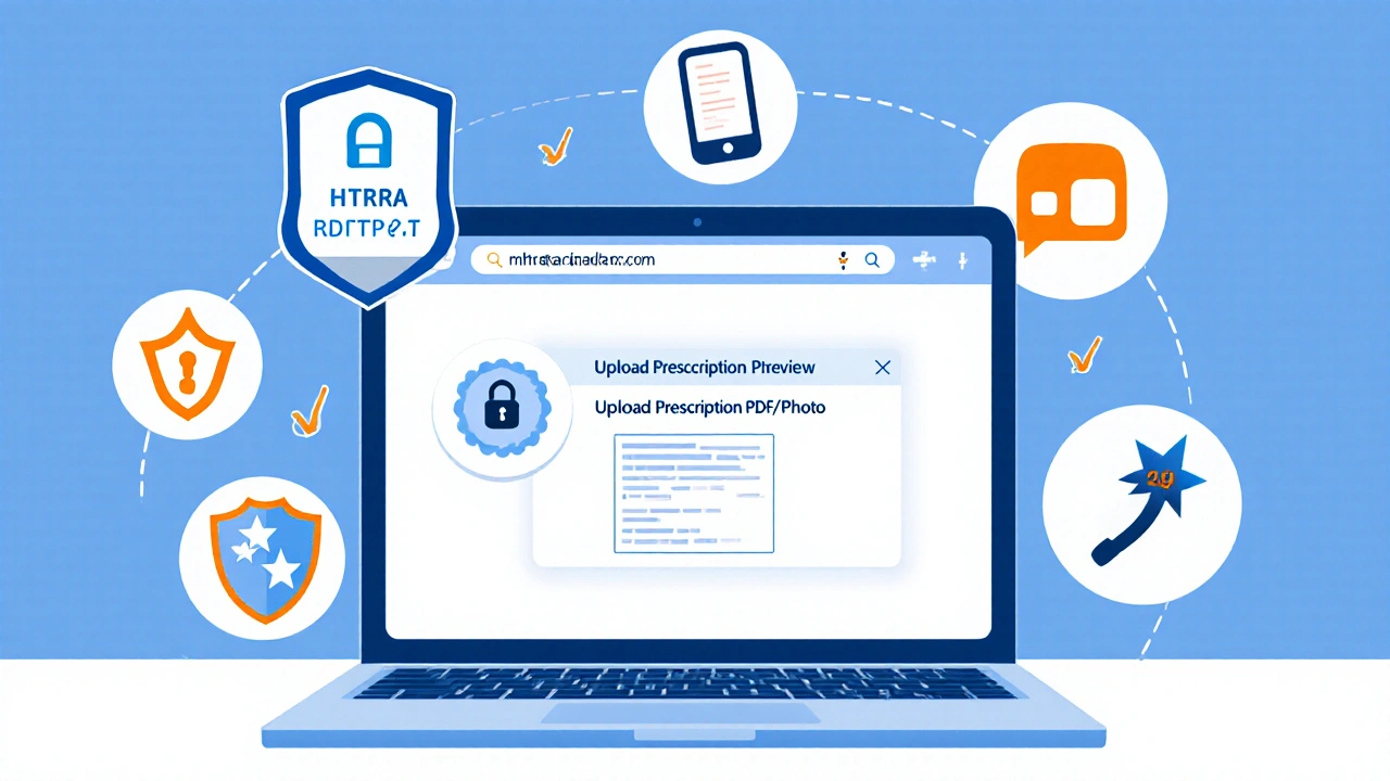 Laptop screen showing prescription upload and MHRA verification badge.