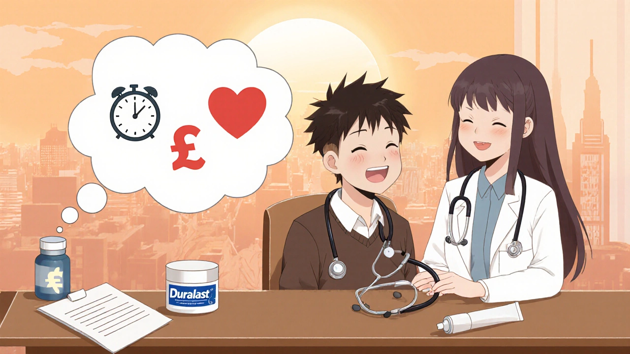 Man and doctor discussing treatment, thought icons of clock, money, and heart float above.