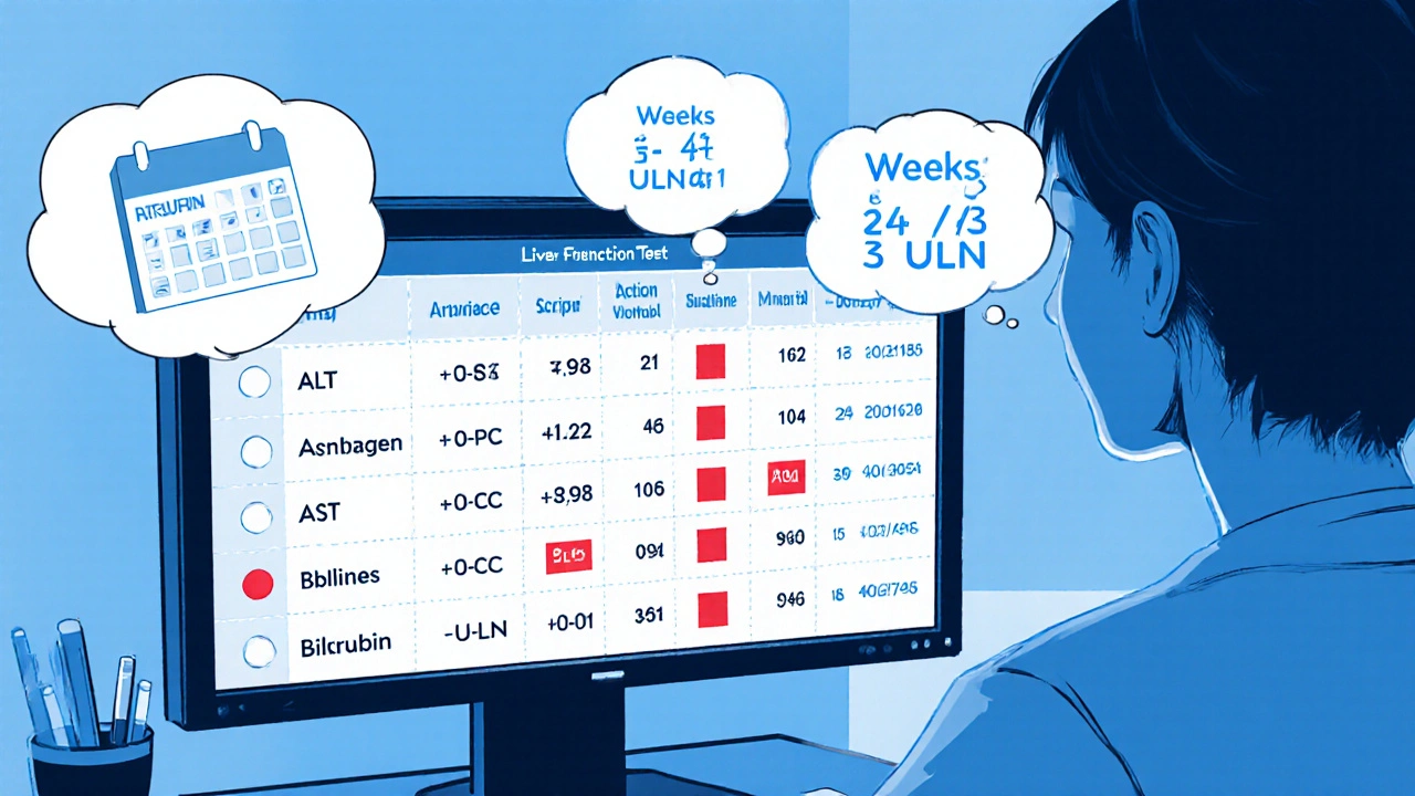 Nurse reviewing liver function test results and monitoring schedule on a screen.
