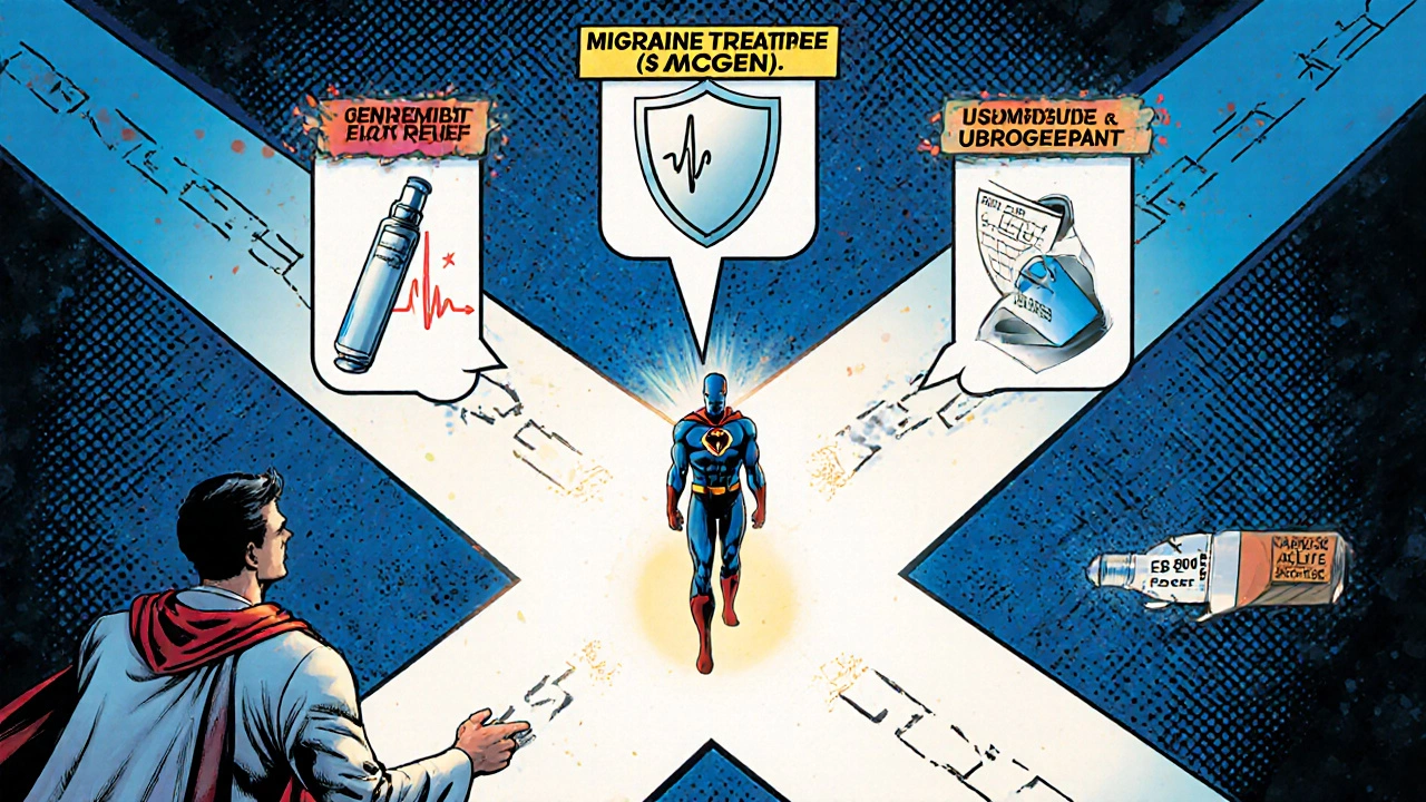 Patient at crossroads choosing migraine treatments, guided by doctor in cape.