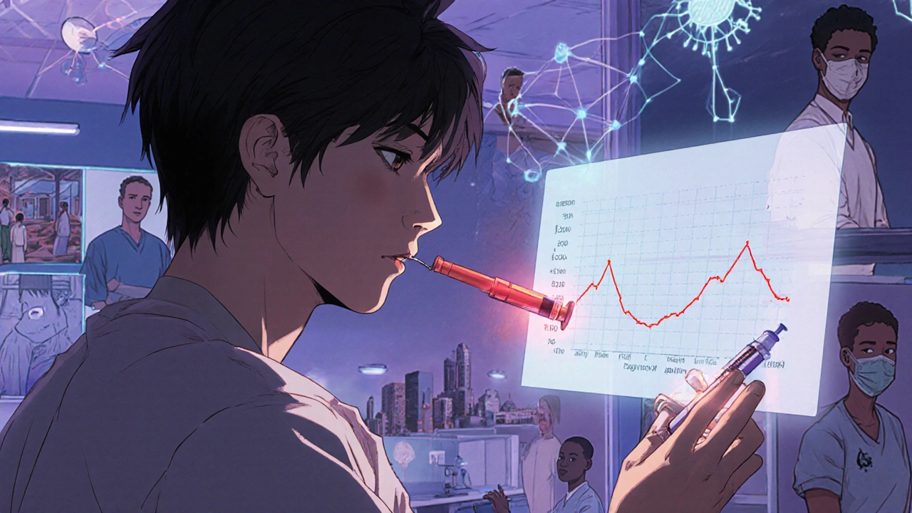 Patient receiving a long-acting HIV injection with holographic viral load data in a futuristic clinic.