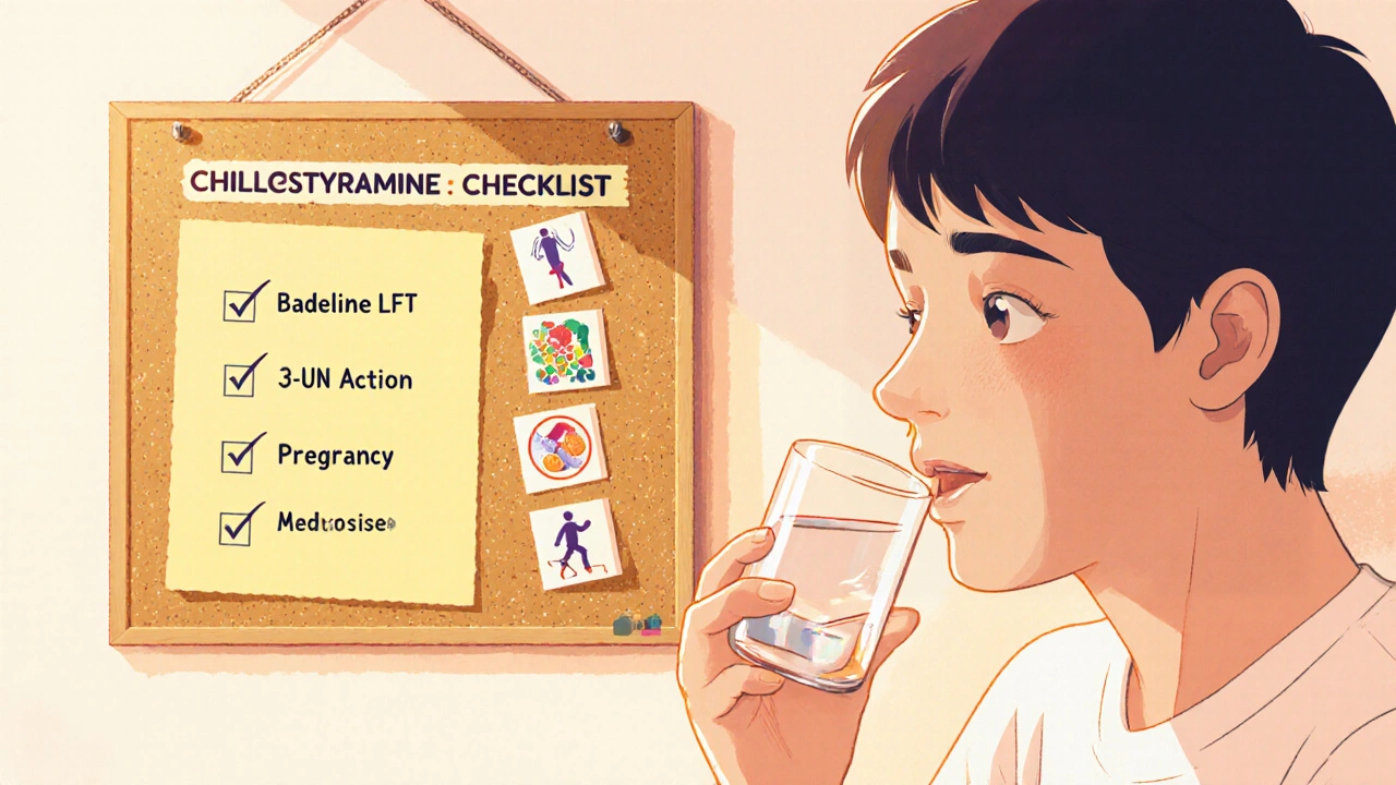 Patient taking cholestyramine tablets beside a liver health checklist at home.