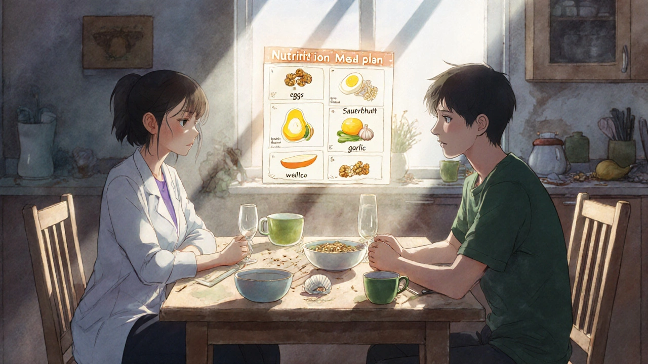 Person and nutritionist at table with glowing healthy meal plan above, unhealthy foods fading away.