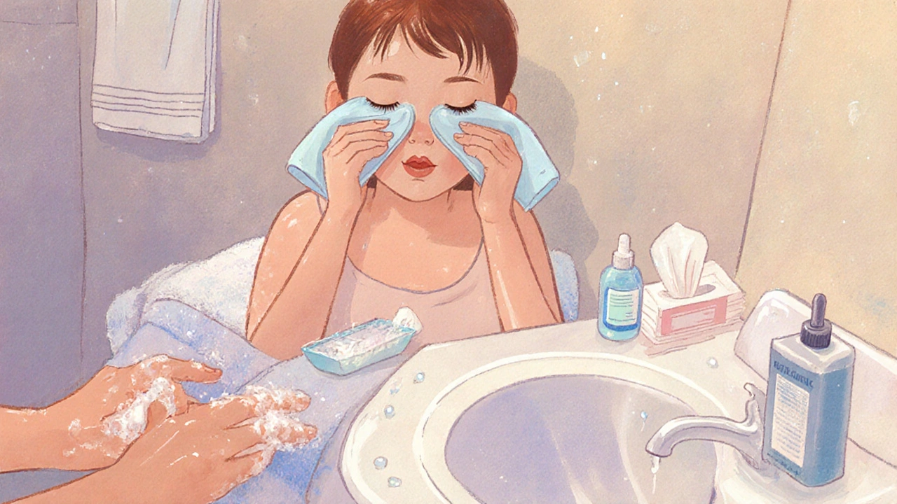 Person applying a cold compress to eyes while washing hands in a bathroom.