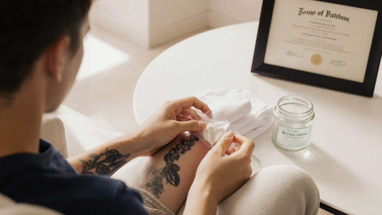 Person applying barrier cream to a fresh tattoo with silicone sheet and moisturizer nearby.