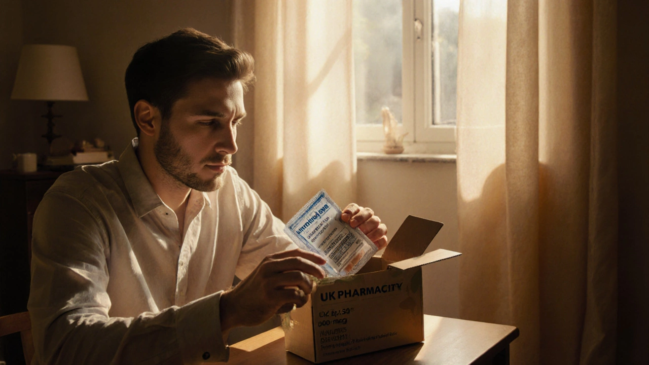 Person inspecting delivered lamotrigine package and checking expiry date.