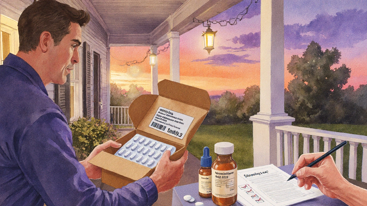Person receiving a package of generic pills on a porch at sunset.