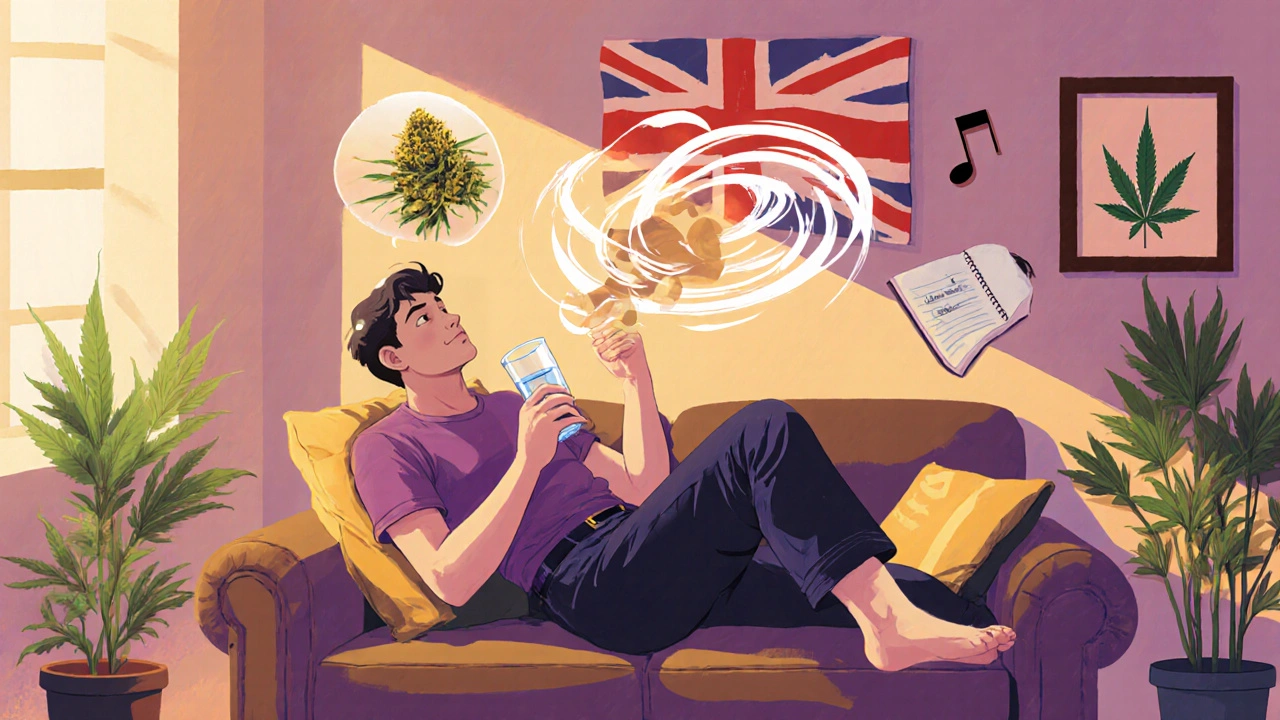Person relaxing on a couch with warm lighting, UK motif, and visual cues of comfort and strain tracking.