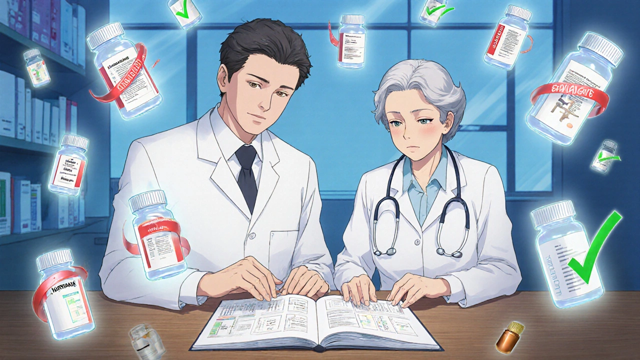 Pharmacist and doctor reviewing floating pill bottles marked as high‑risk medications.