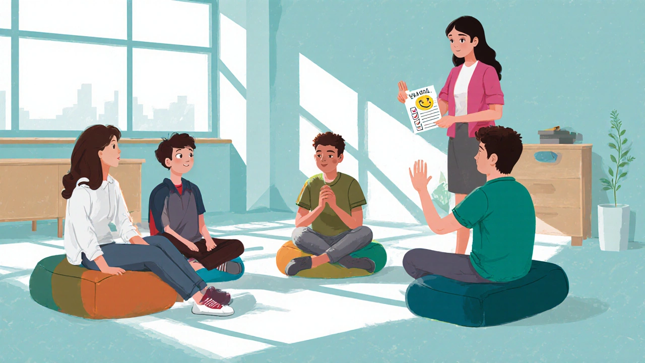 Small group role‑play club, students in circle using check‑in sheet for social skills.