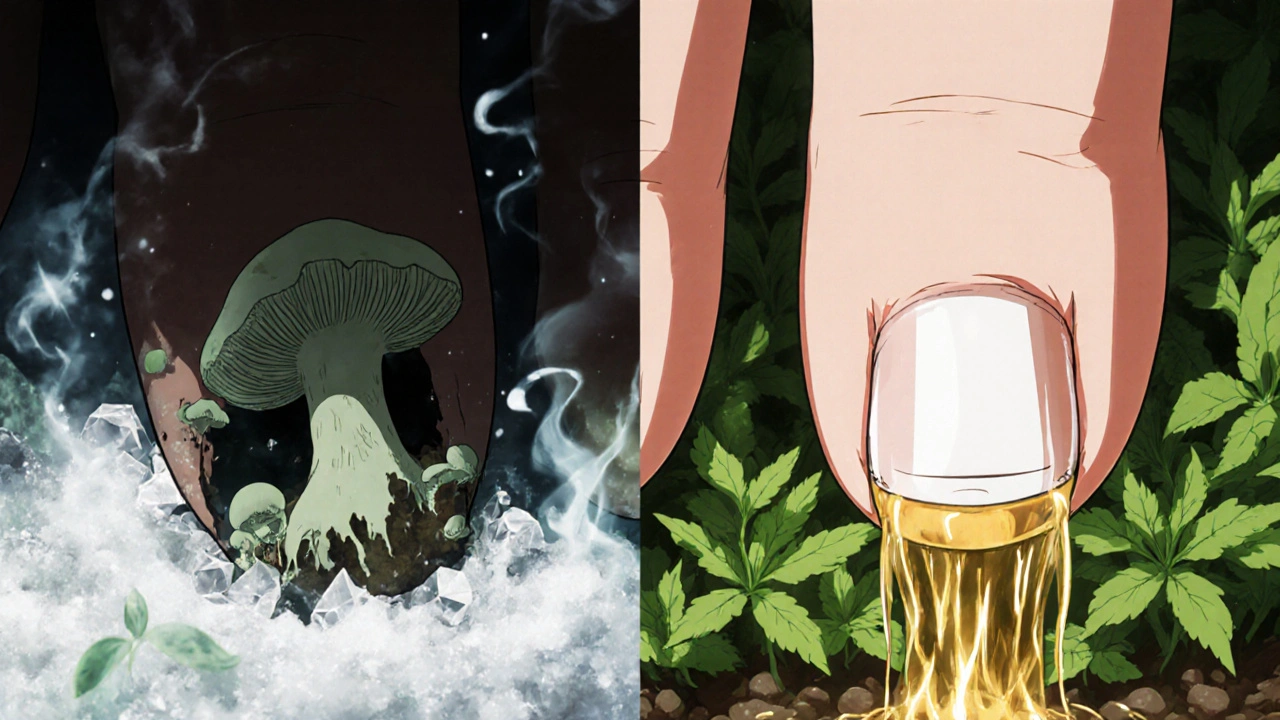 Split illustration of fungal infection vs. healthy nail with food nutrients flowing in.