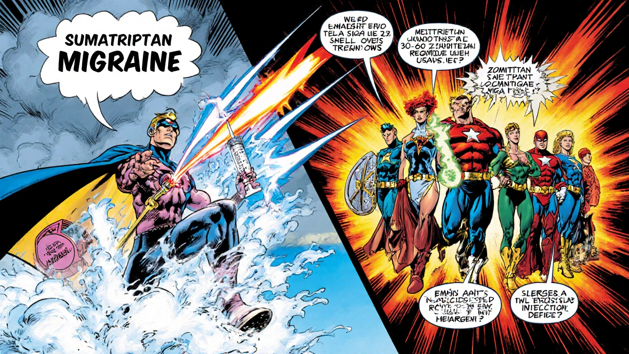Split panel showing Sumatriptan syringe and other migraine meds as superhero characters.