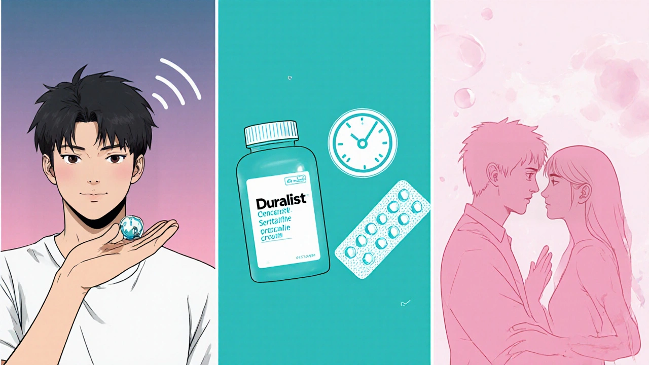 Split scene comparing a Duralast pill, fluoxetine/sertraline bottles, and anesthetic cream with a couple practicing stop‑start.
