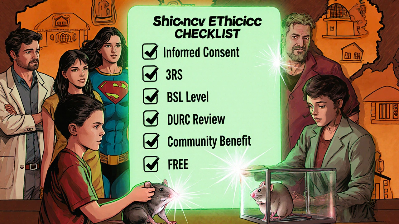 Superhero research team checks off ethical steps as a child receives treatment and a rat rests peacefully.