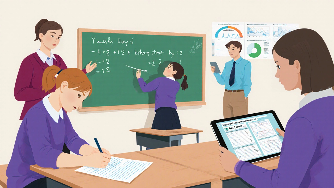 Teacher watches student leaving seat, provides laminated notes; specialists review intervention plan.
