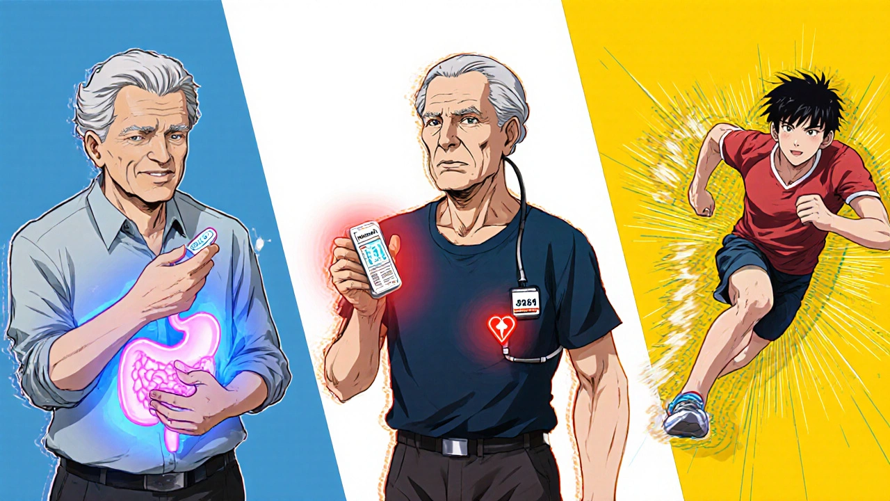 Three characters: older patient with ulcer taking Cobix, elderly with heart monitor holding naproxen, athlete using ibuprofen.