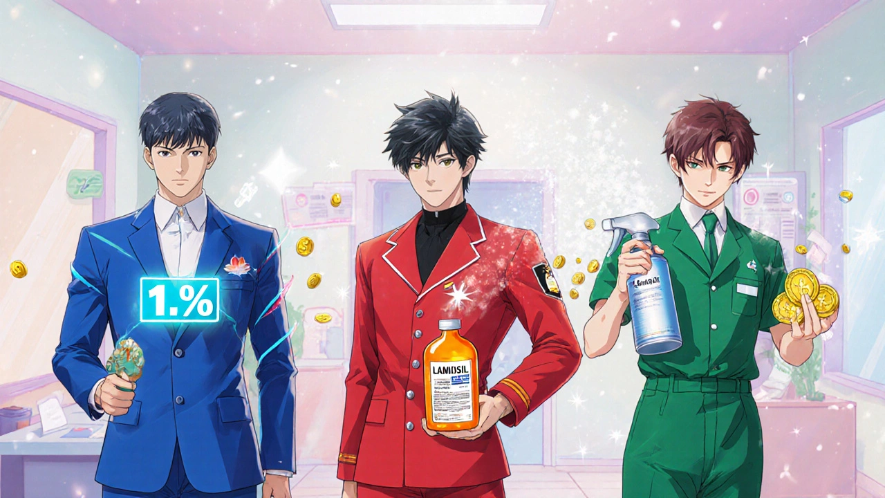 Three characters symbolize different antifungal products with speed lines, coins, and mist.