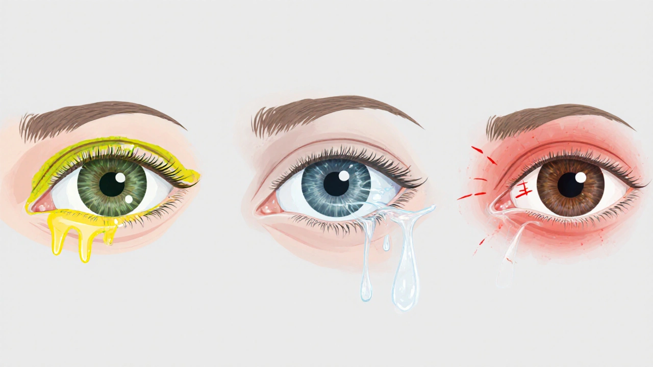 Three eyes illustrating bacterial, viral, and allergic pink eye differences.