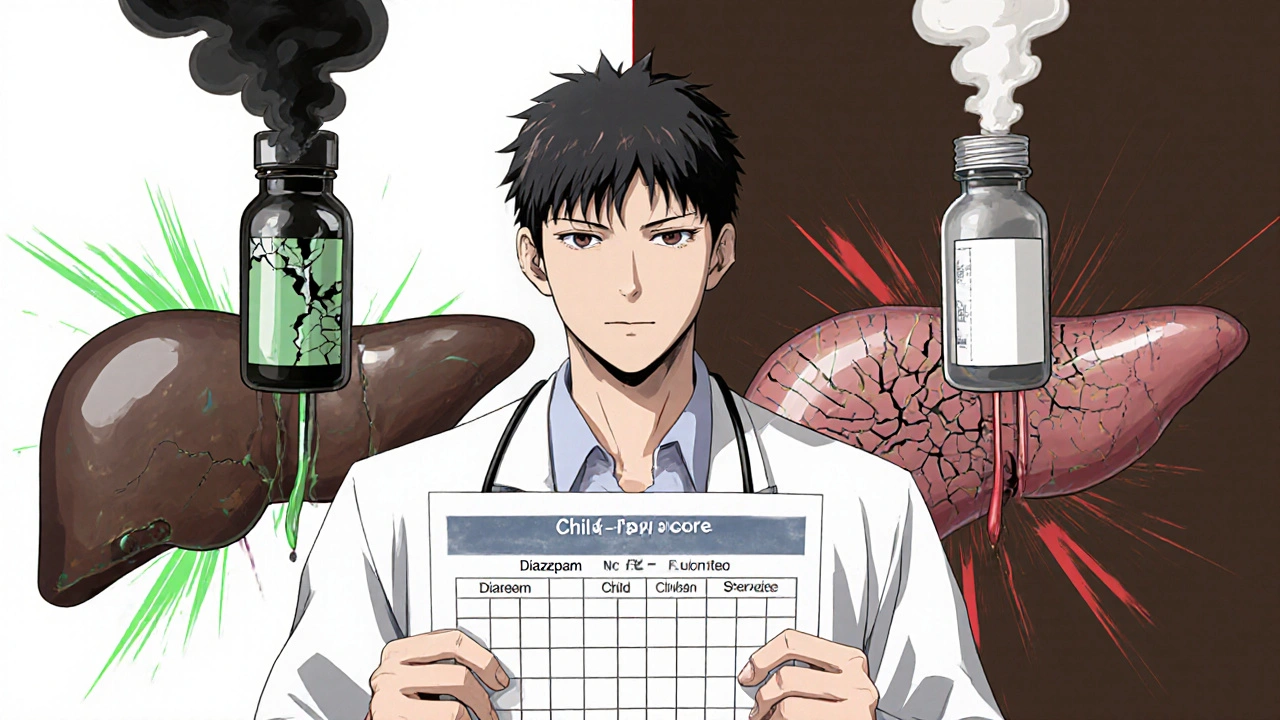 A doctor comparing a Child-Pugh score chart as two benzodiazepines behave differently in a cirrhotic patient.