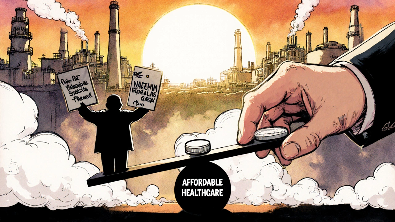 A generic pill tipping a scale toward affordable healthcare, with shadowy pharma figures fading away.