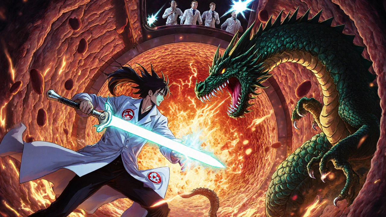 A heroic anticoagulant warrior battling a clot dragon inside the liver in anime battle style.
