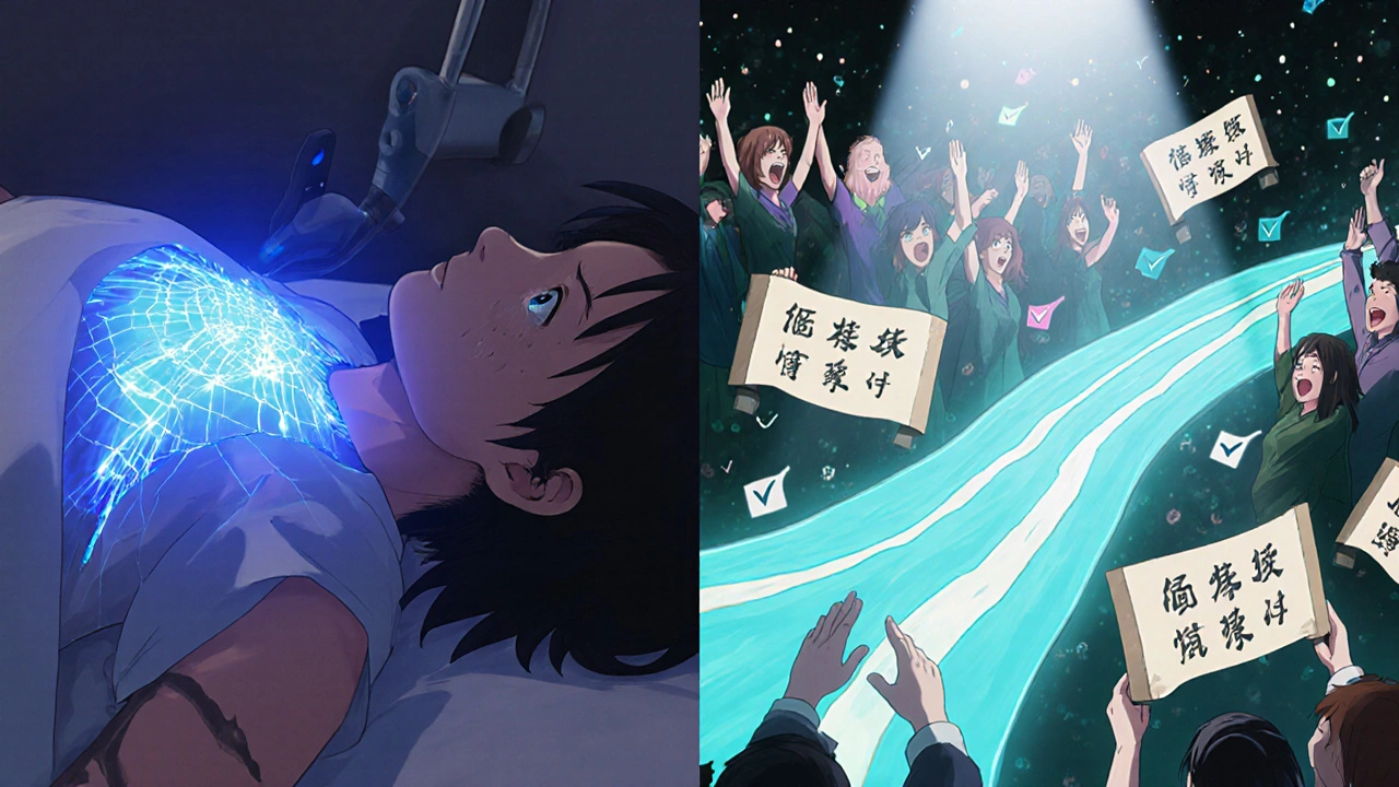 A patient&#039;s portal vein before and after treatment, shown in split-panel manga style with glowing effects.