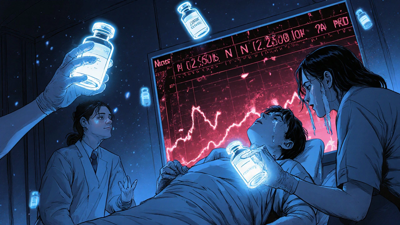 A patient collapsing in an ER as liver enzyme levels spike, with life-saving vials glowing nearby.