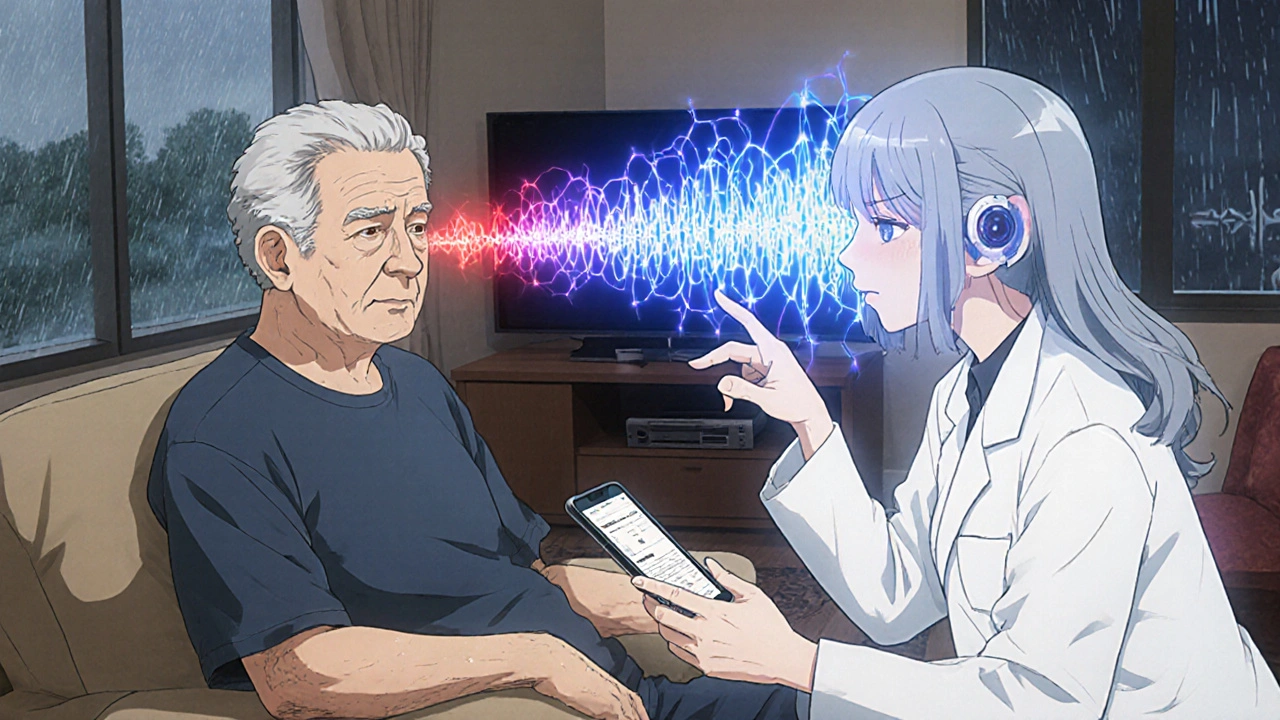 A person using a smartphone app to view real-time hearing data, with a holographic audiologist guiding them.