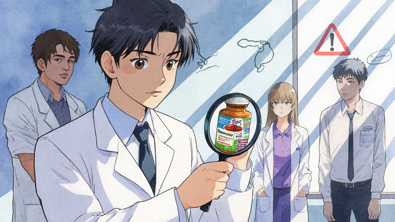 A pharmacist examining a St. John’s Wort bottle revealing hidden health dangers, with patients reacting in fear.