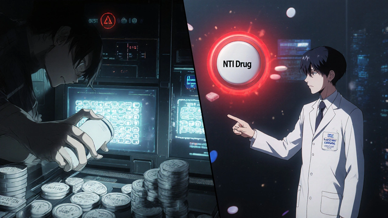 A pharmacist fills a generic prescription while a doctor highlights a high-risk medication, digital systems glowing in the background.